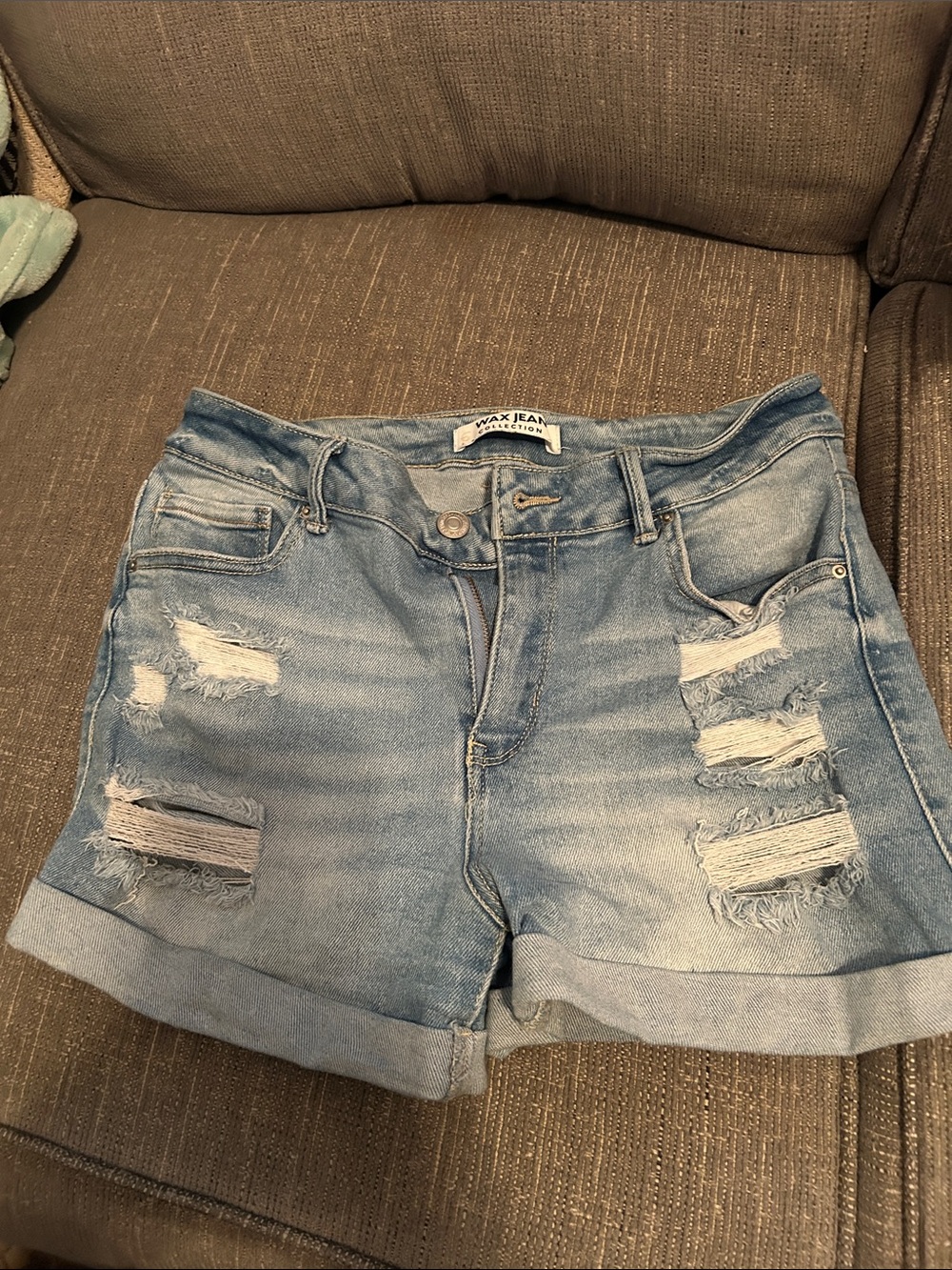 Wax Jean Light Blue Distressed Rolled Hem Denim Shorts